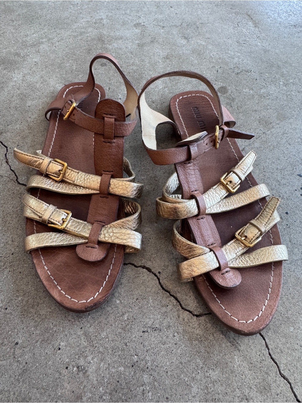 Miu Miu Caramel and Gold Leather Strappy Sandals 8.5